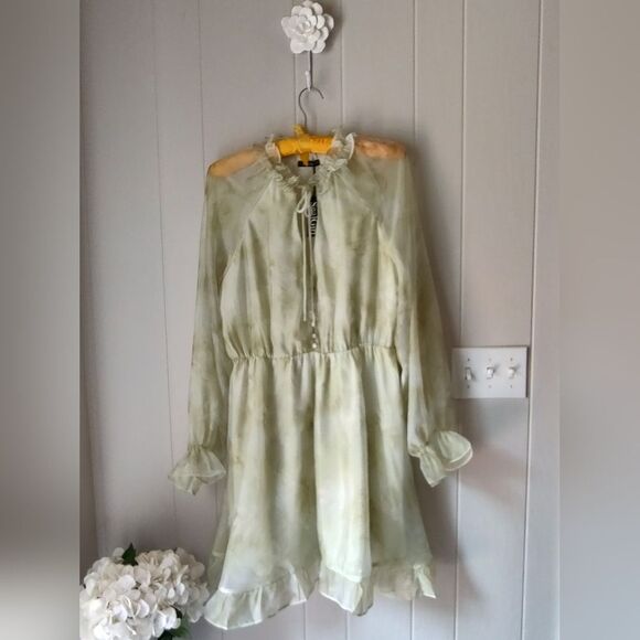 Sealgirl Chiffon Floral Sage White Sheer Long Sleeve Midi Dress Size Large - Picture 3 of 10